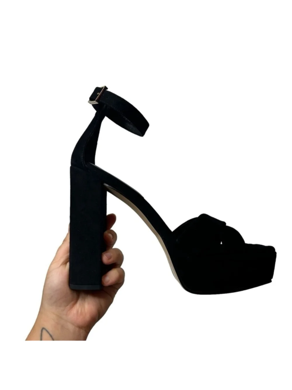 Good American Black Suede Ankle Strap Chunky Platform Sandal Heels Size 9